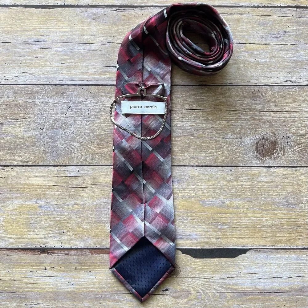 Pierre Cardin‎ Mens Geometric Plaid Tie Burgundy Grey Black Tie Chain Accessory
